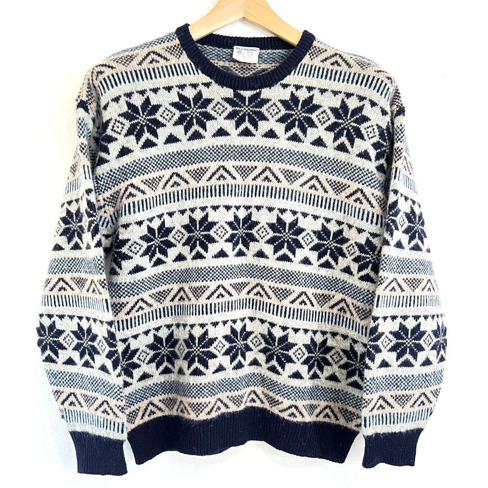Vtg. Richmond 100% Wool Blue Gray Snowflake Pattern Sweater Womens Large Classic